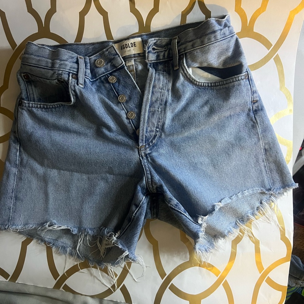 Agolde Light Blue Frayed Denim Shorts